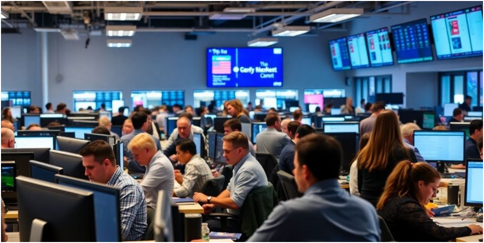 US labor market: Office workers collaborating in a modern workspace.