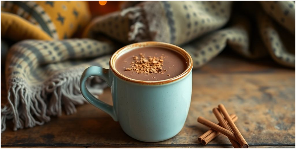 A cup of champurrado on a wooden table.