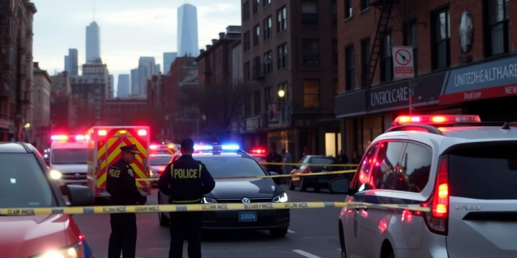 Manhattan street scene with emergency services present. UnitedHealthcare CEO Brian Thompson was killed.